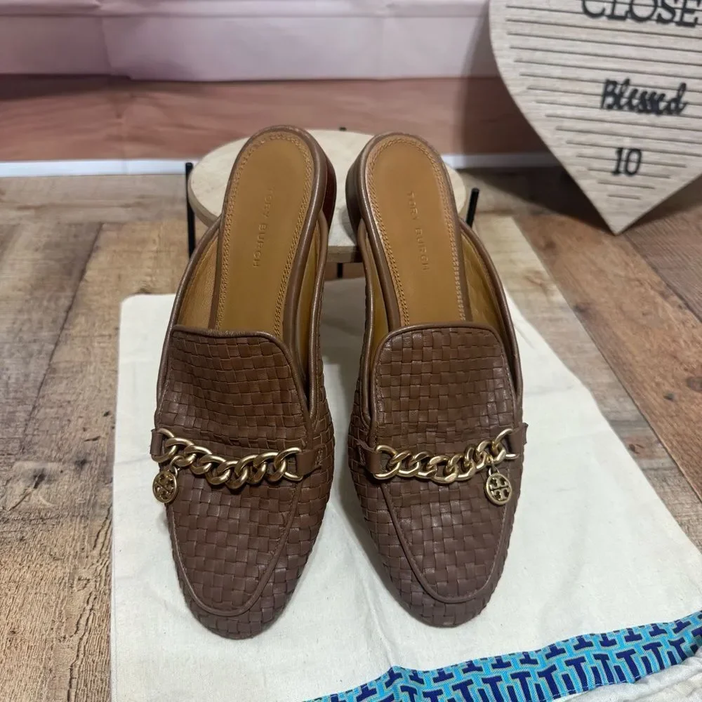 TORY BURCH MINI BENTON WOVEN LEATHER LOAFER IN MOOSE SLIDES MULES SIZE 6.5